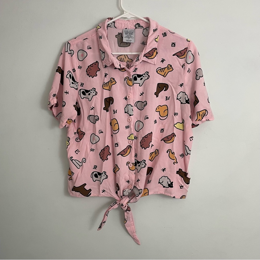 Boxlunch Pink Button-Up Tie Front Womens Shirt Cute Animal Print